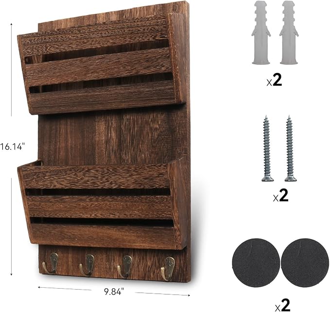 Mail Organizer Wall Mount with 4 Key Hooks, Rustic Wooden Hanging Mail Sorter - Image 4