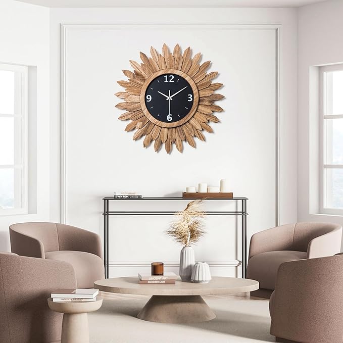 Honiway Large Wall Clock Battery Operated 21 in Rustic Wood Boho Sunburst - Image 4