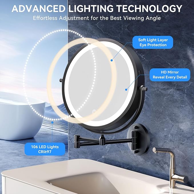 10'' 30X/1X Wall Mounted Lighted Makeup Mirror, 5000mAh Rechargeable - Image 8