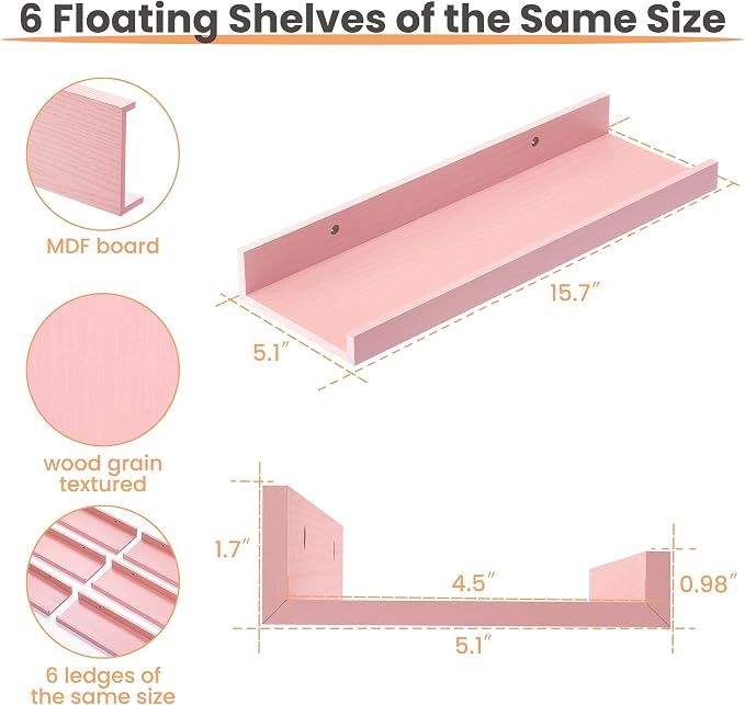 upsimples Pink Shelves for Wall, Living Room, Game Room, 6 Pack Wall Mounted - Image 3