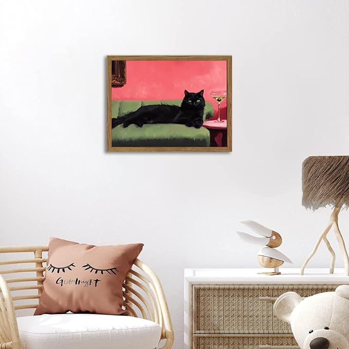 Cute Black Cat With Martini Wall Art Funny Animal Wall Decor Quirky Whimsical - Image 3