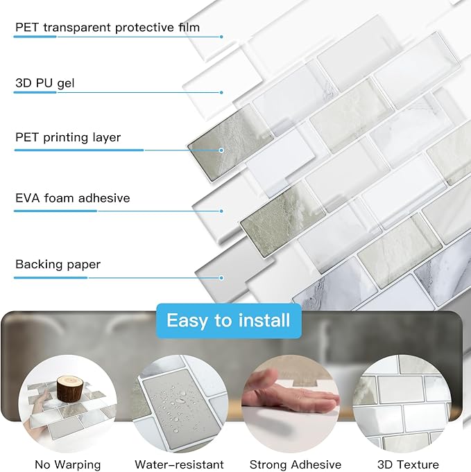 Art3d Peel and Stick Beige & White Wall Tiles – 12"x12" Thickened Design - Image 6
