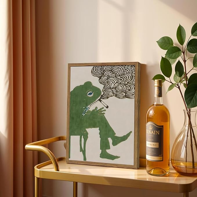 Funny Frog Smoking Wall Art Whimsical Green Frog Wall Decor Painting Cute - Image 2