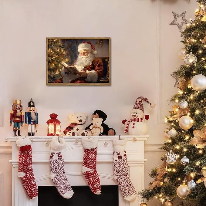 Framed Vintage Christmas Canvas Wall Art, Santa Claus Reading Book Paintings - Image 3