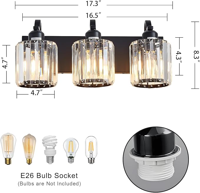 Modern 3-Lights Black Bathroom Vanity Light, Crystal Bathroom Lights Over Mirror - Image 3