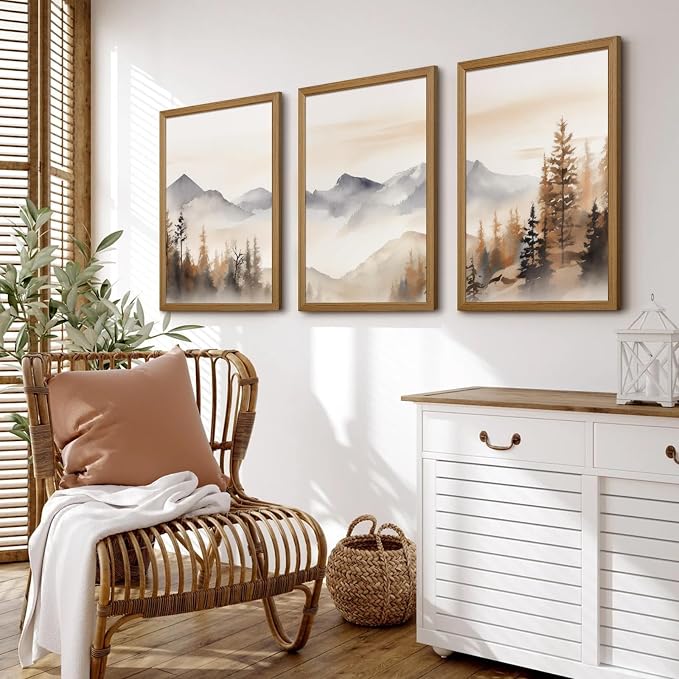 Neutral Mountain Wall Art Decor Set of 3 Forest Canvas Wall Art Poster - Image 3