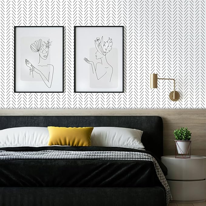 Erfoni Black and White Peel and Stick Wallpaper Modern Herringbone Contact - Image 2
