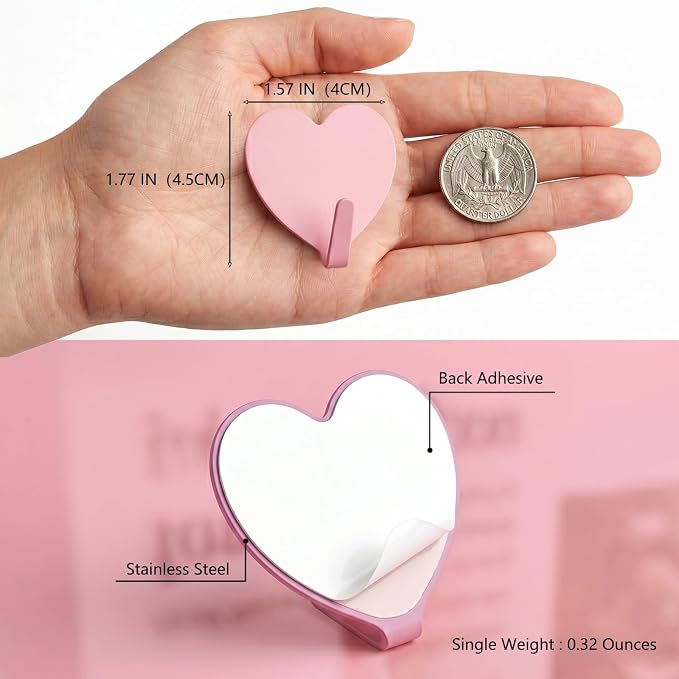 Heart Wall Hooks, 8 Pack, Small Pink Decorative Accessories, Purse Hanger - Image 3