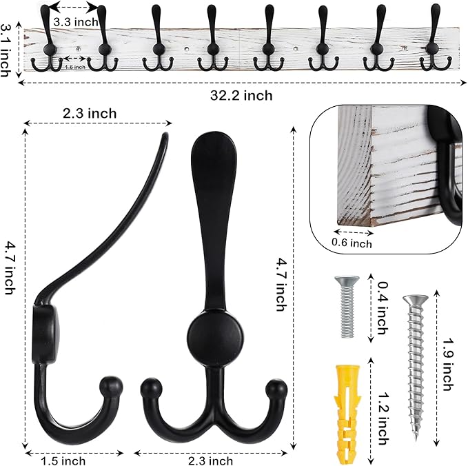 Kuhome 32.2'' Large Coat Rack Wall Mount Coat Hooks - Image 2