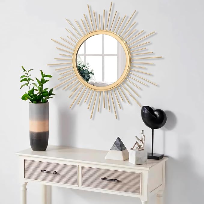 Large Gold Spoked Sunburst Wall Mirror Boho Home Decor Round Wall Art Mirror - Image 5