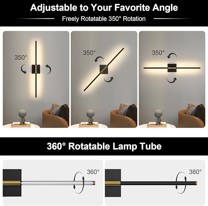 Wall Sconces Set of Two with Remote Control 29.1 in Dimmable Black Gold Battery - Image 6