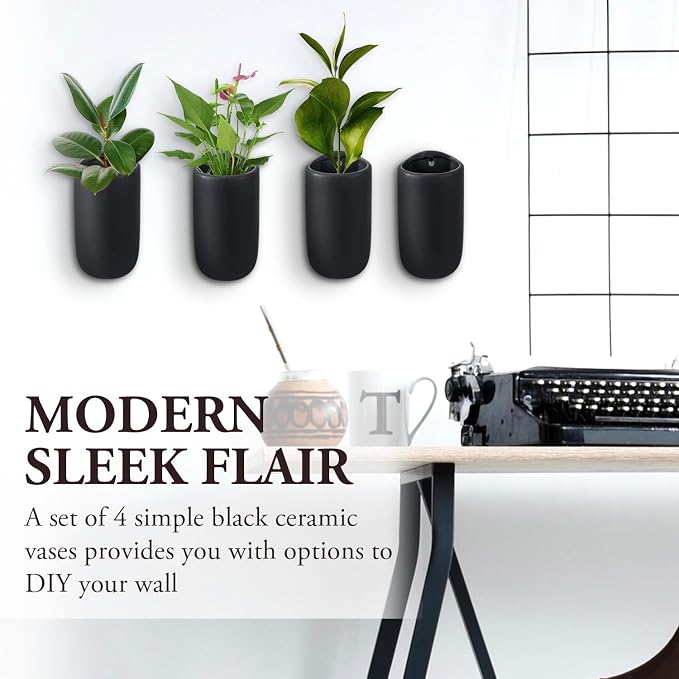 MyGift 7.5 Inch Wall Mounted Modern Matte Black Ceramic Cylindrical Plant - Image 3