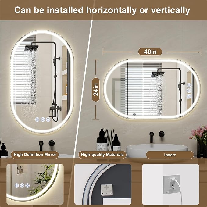 BEAUTYPEAK 40x24 LED Oval Bathroom Mirror - Image 6