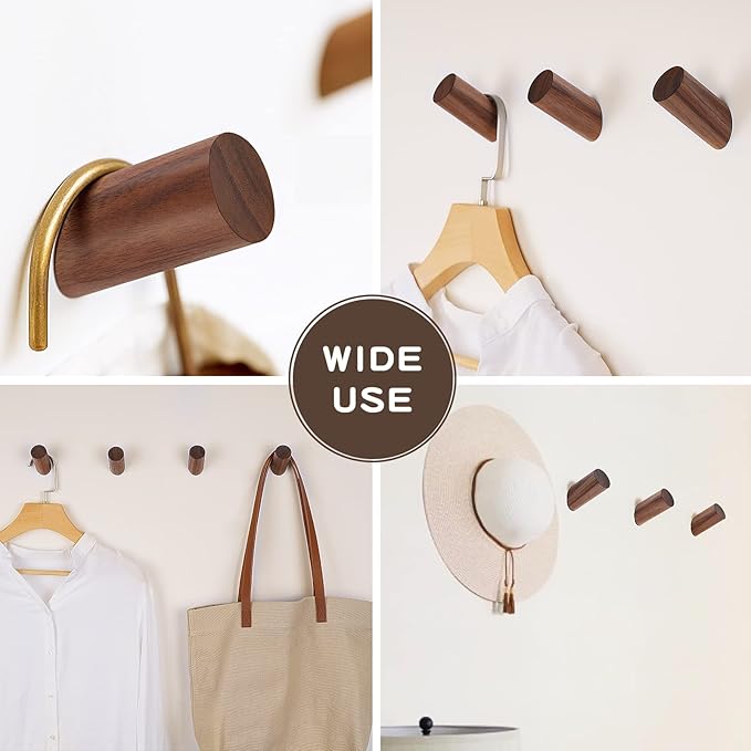 Felidio Wood Wall Hooks, 6 Pack Natural Wooden Coat Hooks Wall-Mounted - Image 4