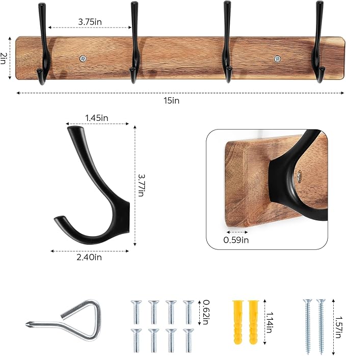 Yangbaga Coat Rack Wall Mount, Acacia Wood Coat Hooks Wall Mount, Hat Rack Wall - Image 2