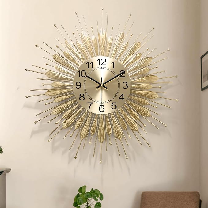 Large Wall Clock, 27inch Gold Wall Clock Non-Ticking Mid Century Wall Clocks by HEBOIXHOMEDECOR