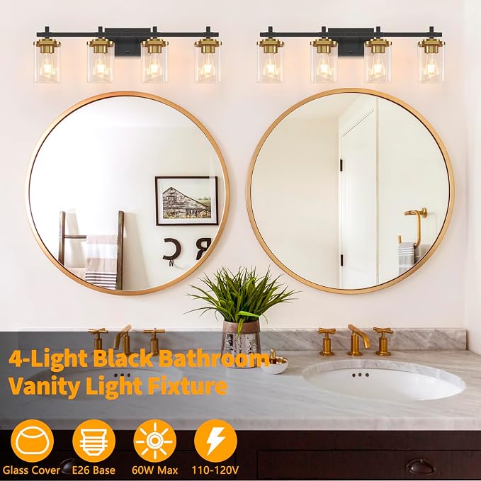 4-Lights Black and Gold Bathroom Vanity Light, Modern Bathroom Wall Sconces - Image 4