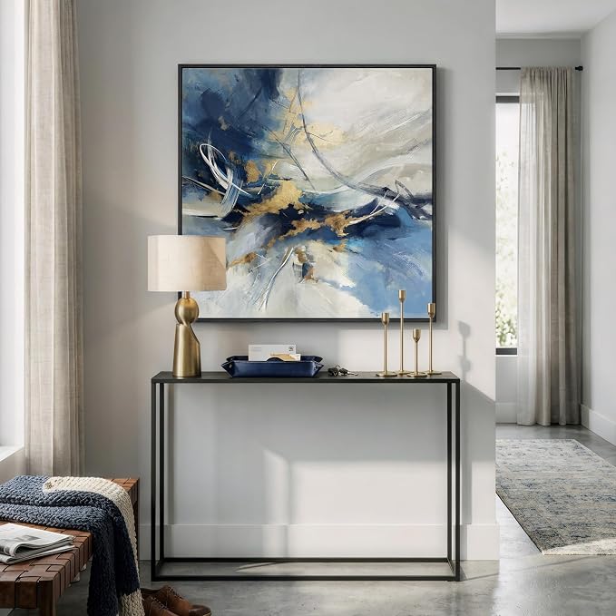 Framed Abstract Wall Art, Modern Blue White Gold Canvas Prints Artwork - Image 3