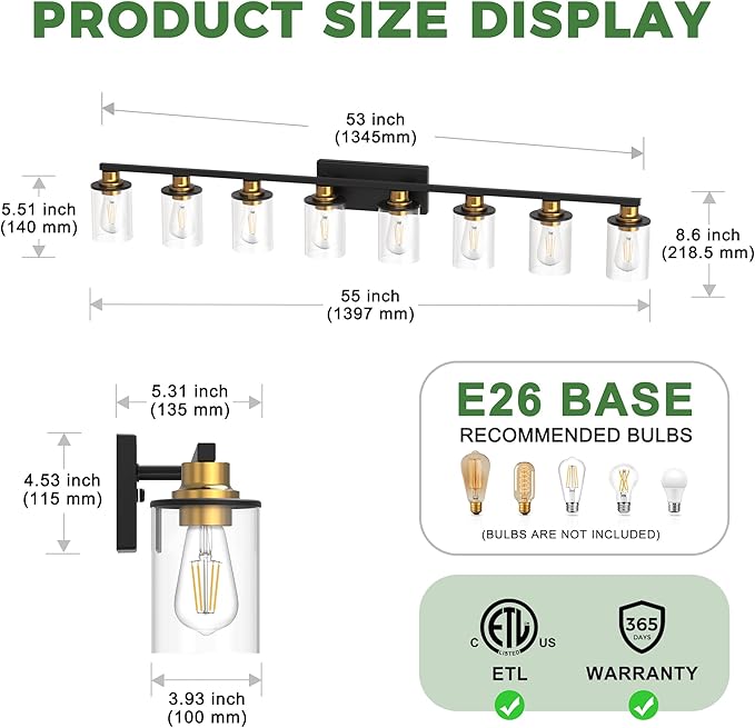 DORESshop 55 Inch Bathroom Light Fixtures, 8-Light Black and Gold Bathroom - Image 5