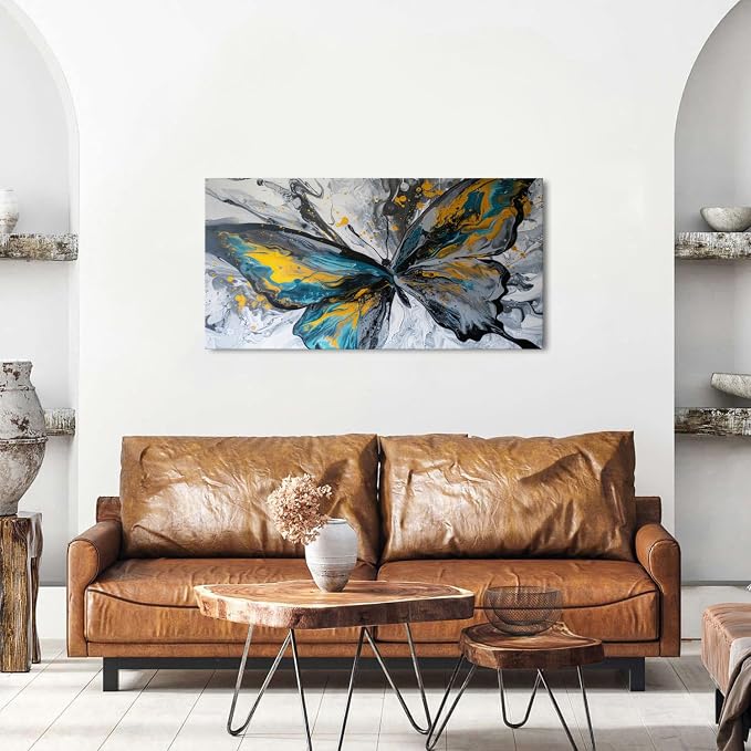 Abstract Butterfly Wall Art Teal Grey Yellow Butterfly Wall Decor Modern Marble - Image 4