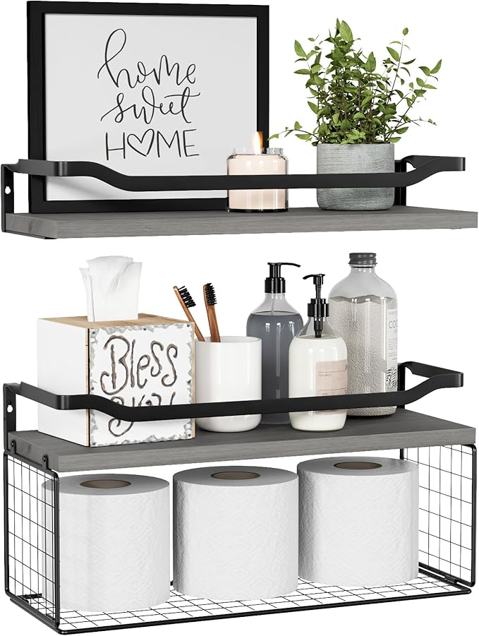 WOPITUES Floating Shelves with Wire Storage Basket, Bathroom Shelves Over by WOPITUESOfficial