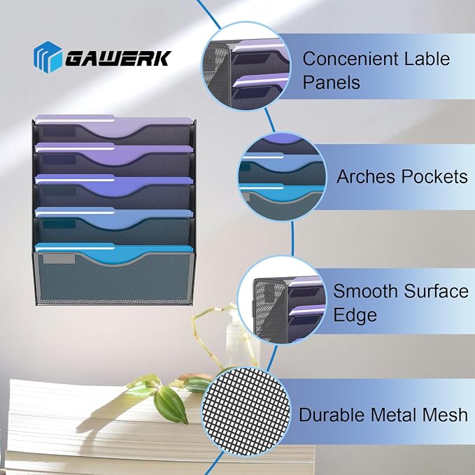 Gawerk 5 Tier Hanging Wall File Organizer, Mesh Mail Paper Orgnization Hanging - Image 3