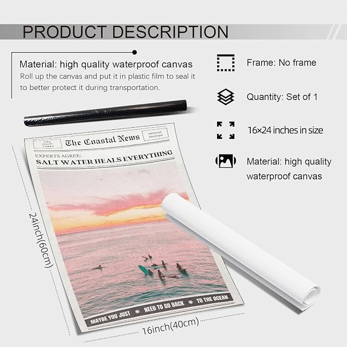 Pink Beach Newspaper Posters Vintage Fashion Coastal Girl Surf Wall Art Grainy - Image 2