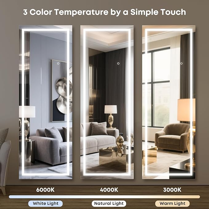 Kosmonia 65x22 Frameless Full Length Mirror, Dimmable 3 Color LED Light - Image 4