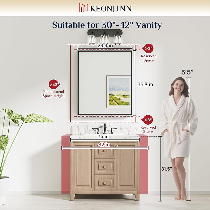 Keonjinn 30 x 36 Inch Brushed Nickel Bathroom Mirror, Beveled Rectangle Framed - Image 6