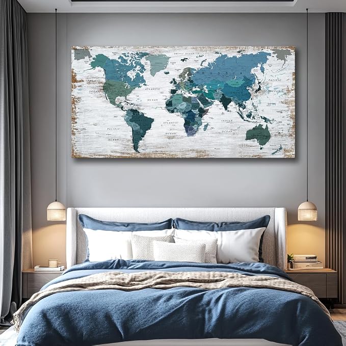 Teal Decor map of the world Canvas Wall Art Pictures - Image 5