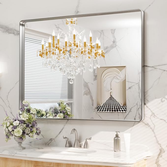 LOAAO 48X36 Inch Brushed Nickel Bathroom Mirror, Rounded Rectangle Silver Metal - Image 8