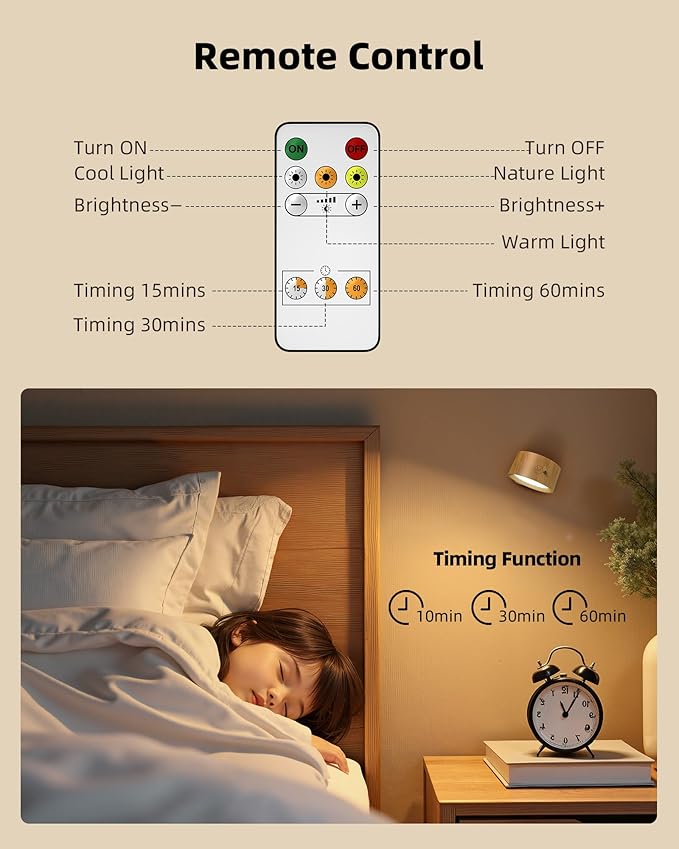 LED Wall Mounted Lights, Rechargeable Wall Sconces Lamp, 3 Color Temps & Remote - Image 2