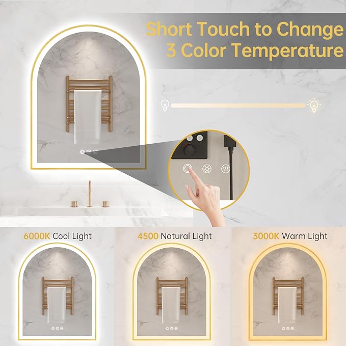 Arched LED Mirror for Bathroom 24"x30", Brushed Gold Lighted Bathroom Mirror - Image 3