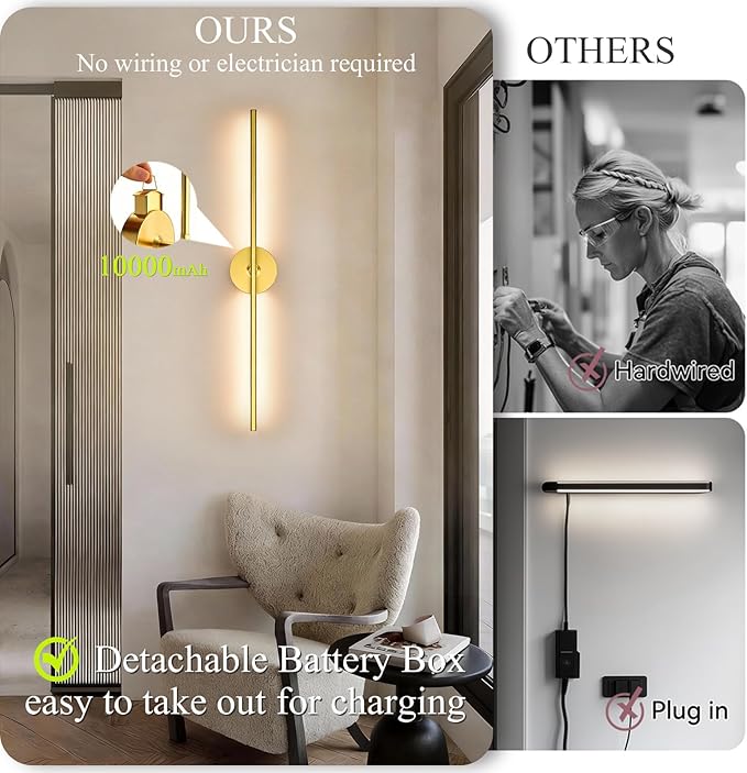 Battery Operated Wall Sconce Set of Two: Gold Wireless Rechargeable Wall Light - Image 4