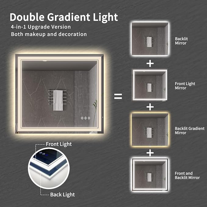 Bathroom Mirrors for Wall, 40x36 Inch Gradient Front and Backlight Lighted - Image 4