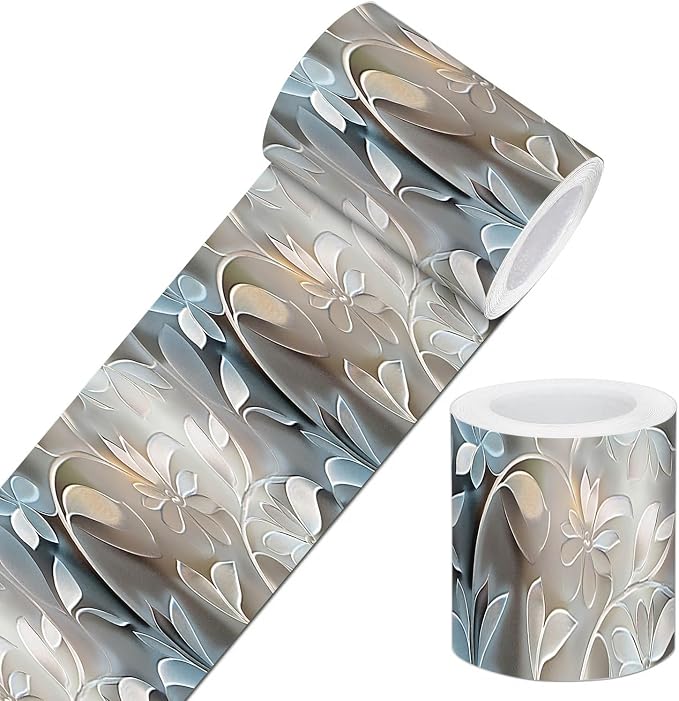 IVN Wallpaper Border Peel and Stick Wall Accent PVC Embossed Silver Floral by IVN