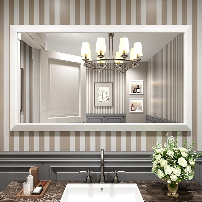 Amorho Bathroom Mirror, 55x32 Inch White Thick Metal Framed Wall Mirrors - Image 8