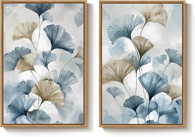 Large Framed Blue Botanical Wall Art Set of 2, Neutral Minimalist Canvas - Image 9