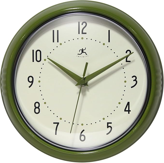 Infinity Instruments Retro Round Metal Wall Clock, Olive Green 9.5" by InfinityInstruments