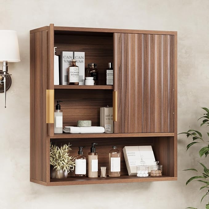 VINGLI Bathroom Wall Cabinet, Walnut Fluted Medicine Cabinet - Image 2