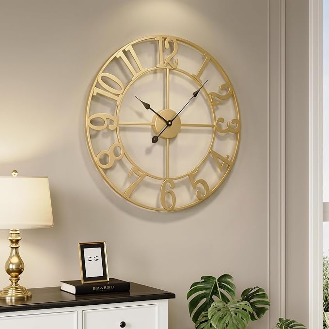 Large Wall Clock Gold Clocks for Living Room, 24 Inch Decorative Wall Clocks by Cuspin
