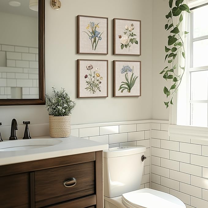 Framed Botanical Wall Art for Bathroom, 4 Piece Vintage Floral Canvas Painting - Image 2