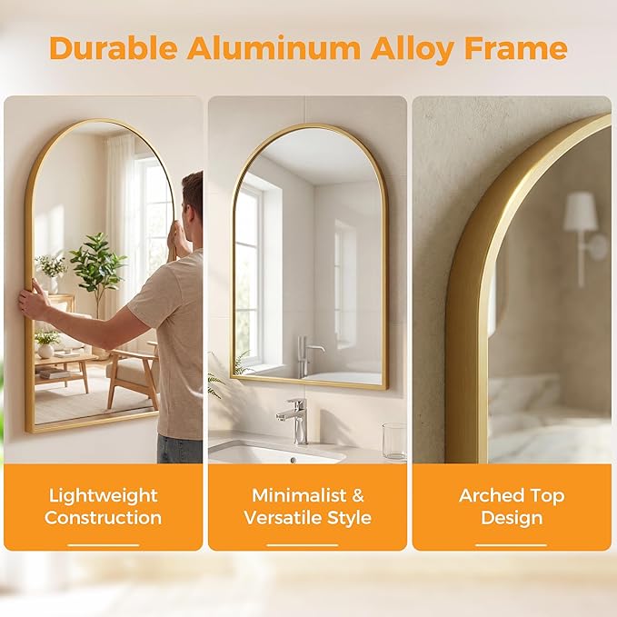 OLIXIS 20x30 Inch Arched Gold Bathroom Mirror - Image 3