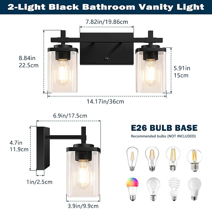 2-Lights Bathroom Vanity Lights, Matte Black Vanity Light Fixtures Over Mirror - Image 2