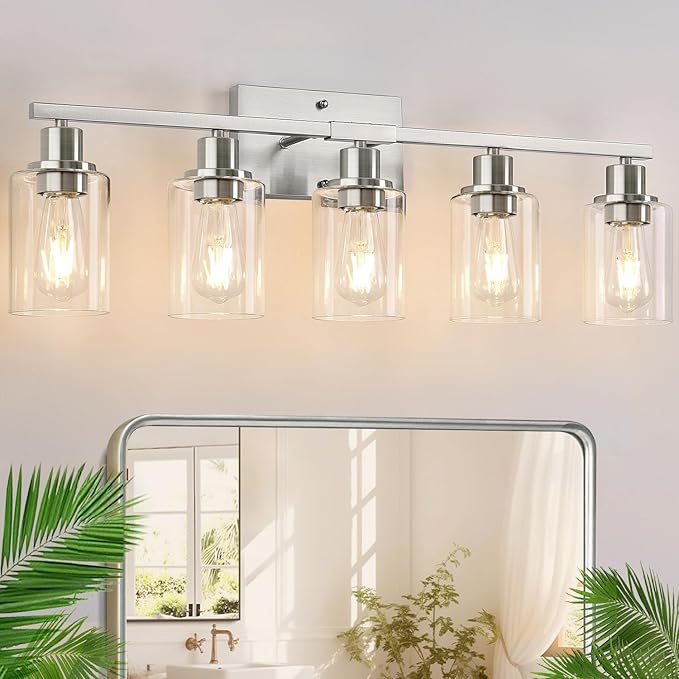 Indoi 5-Light Bathroom Light Fixtures, Brushed Nickel Bathroom Vanity Light by Indoibrightenyourbathroom