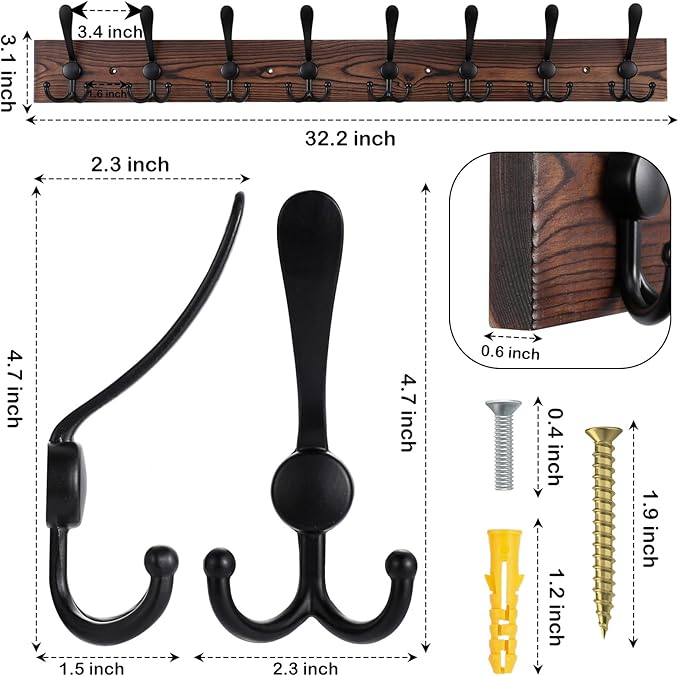 Kuhome 32.2'' Large Coat Rack Wall Mount Coat Hooks Coat Hanger - Image 2