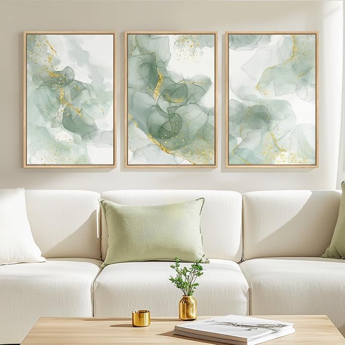 Framed Sage Green Abstract Wall Art, 3 Piece Modern Canvas Prints Paintings by Cuspin