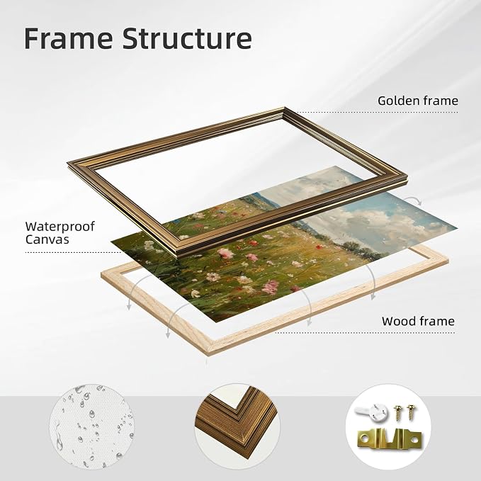 Yermidi Vintage Gold Frame Wildflower Meadow Wall Art Romantic Countryside - Image 2