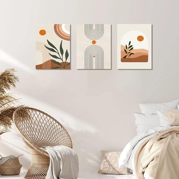 Boho Wall Art Set of 3, MidCentury Modern Wall Prints Framed Canvas Paintings - Image 4