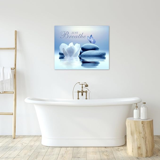 EOBTAIN Zen Canvas Wall Art Bathroom Blue Butterfly and Floral Stone Relaxing - Image 3